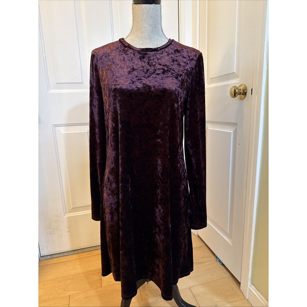MAROON CRUSHED VELVET GOTH London Times A Line Long Sleeved Dress Size 10 Womens